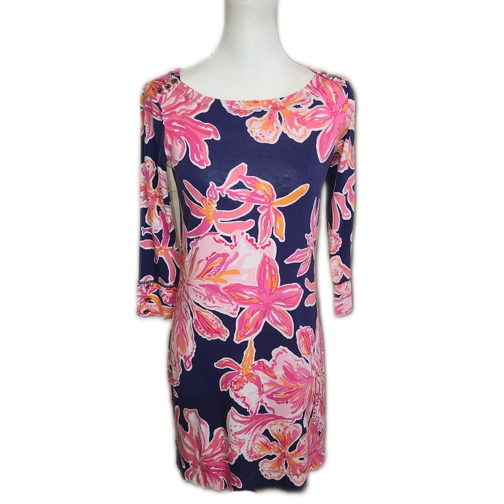 Lilly Pulitzer Madison Mini Dress, Navy Blue Pink Orange Tropical Floral, S